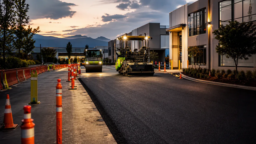 Commercial paving staged beside a protected active access route